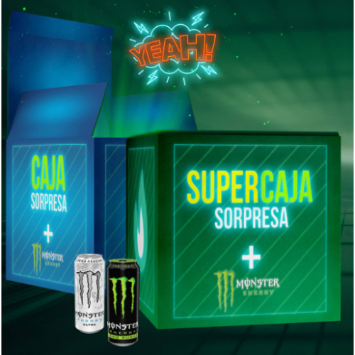 Caixa surpresa + 2× latas de Monster